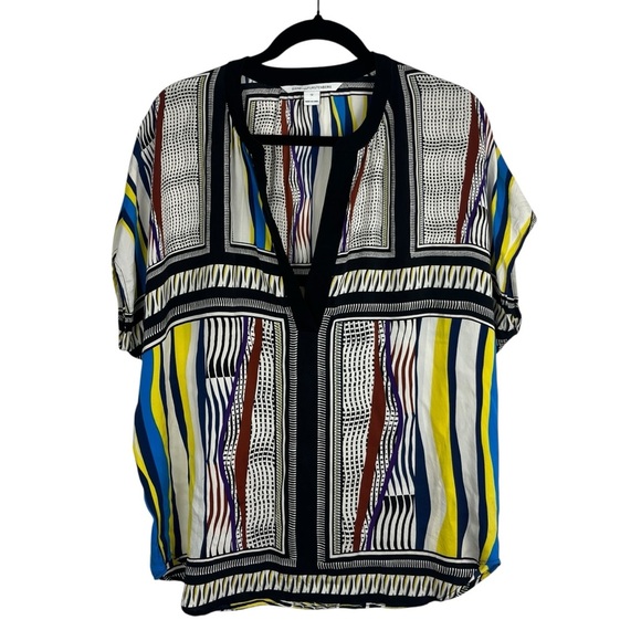 DIANE VON FURSTENBERG Alana Multicolor Geometric Silk Blouse Tunic Top 12 DVF - Picture 1 of 10